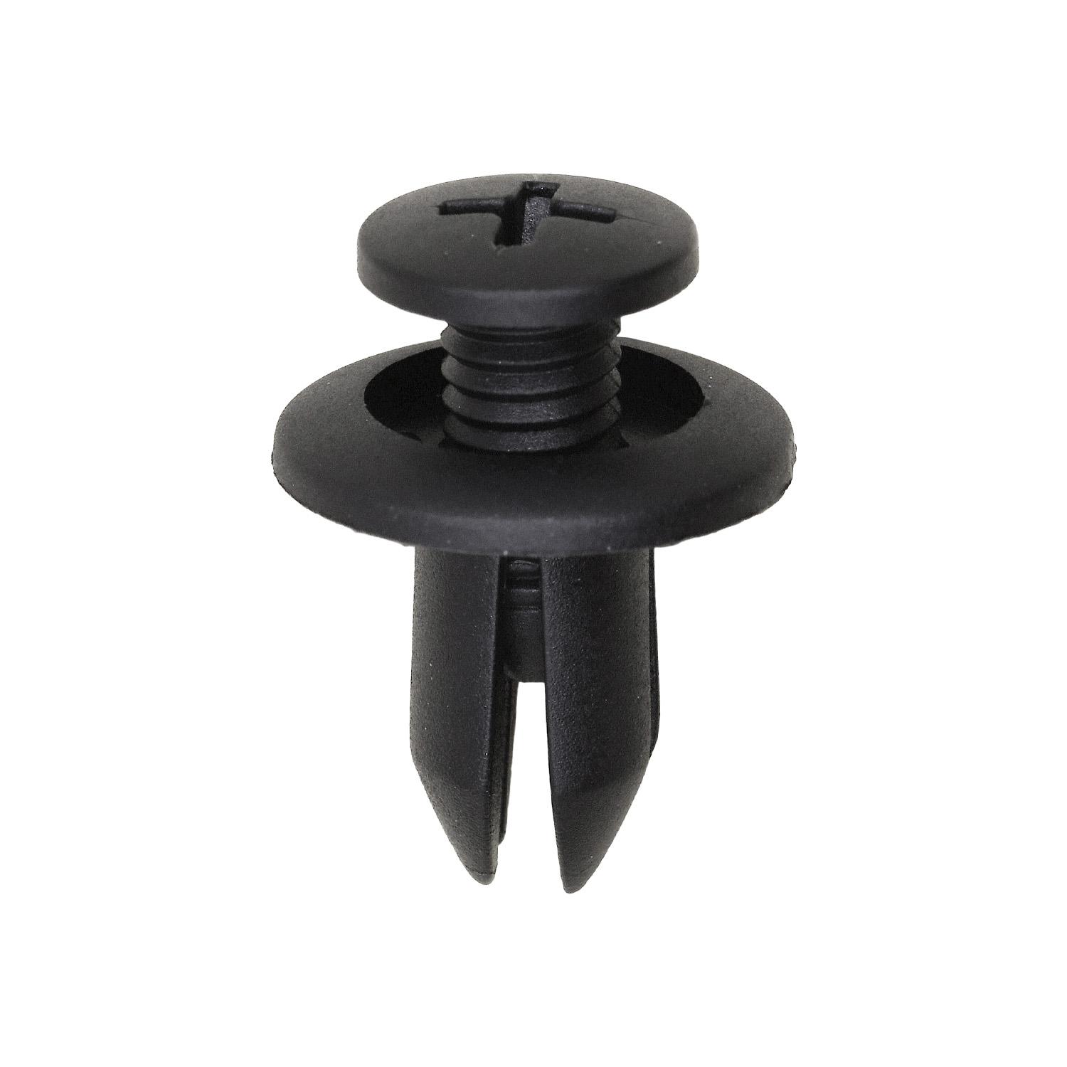15 pcs/pk- 7mm Push-Type Retainer 15mm Head Diameter, Drive Type Phillips, Rivet Length 12mm, Color Black, Type Screw-Type with Open End