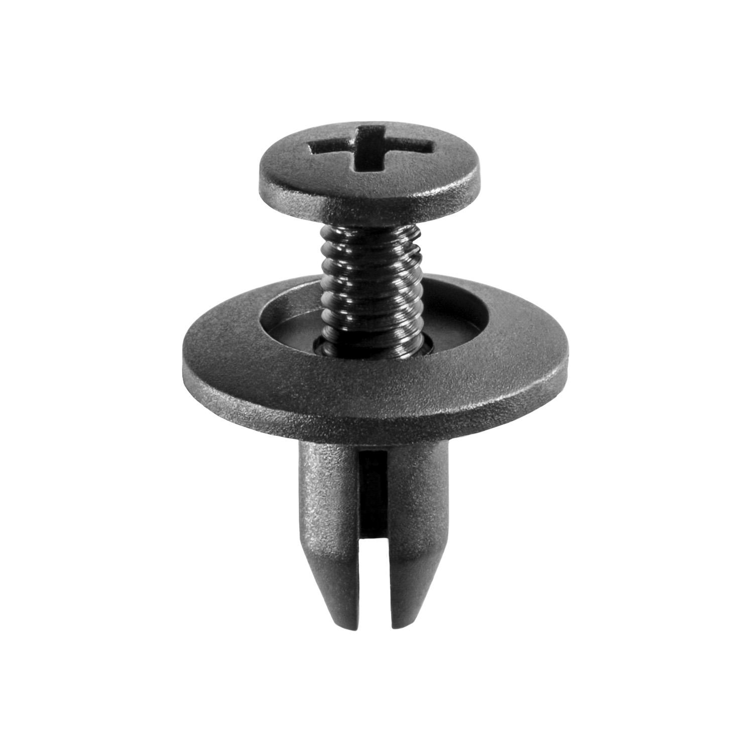 25 pcs/pk- 6mm Push-Type Retainer 15mm Head Diameter 11mm Length, Drive Type Phillips, Color Black, Type Screw-Type with Open End