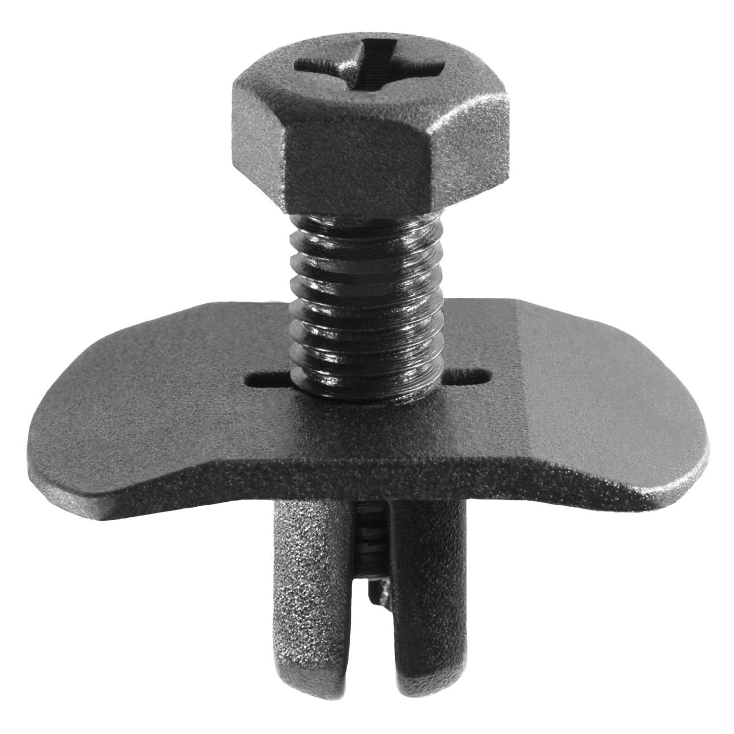 25 pcs/pk- 7mm Push-Type Retainer 5mm x 14mm Screw, Drive Type Phillips & Hex, Head Diameter 14mm x 22mm, Rivet Length 9mm, Color Black, Type Screw-Type with Open End