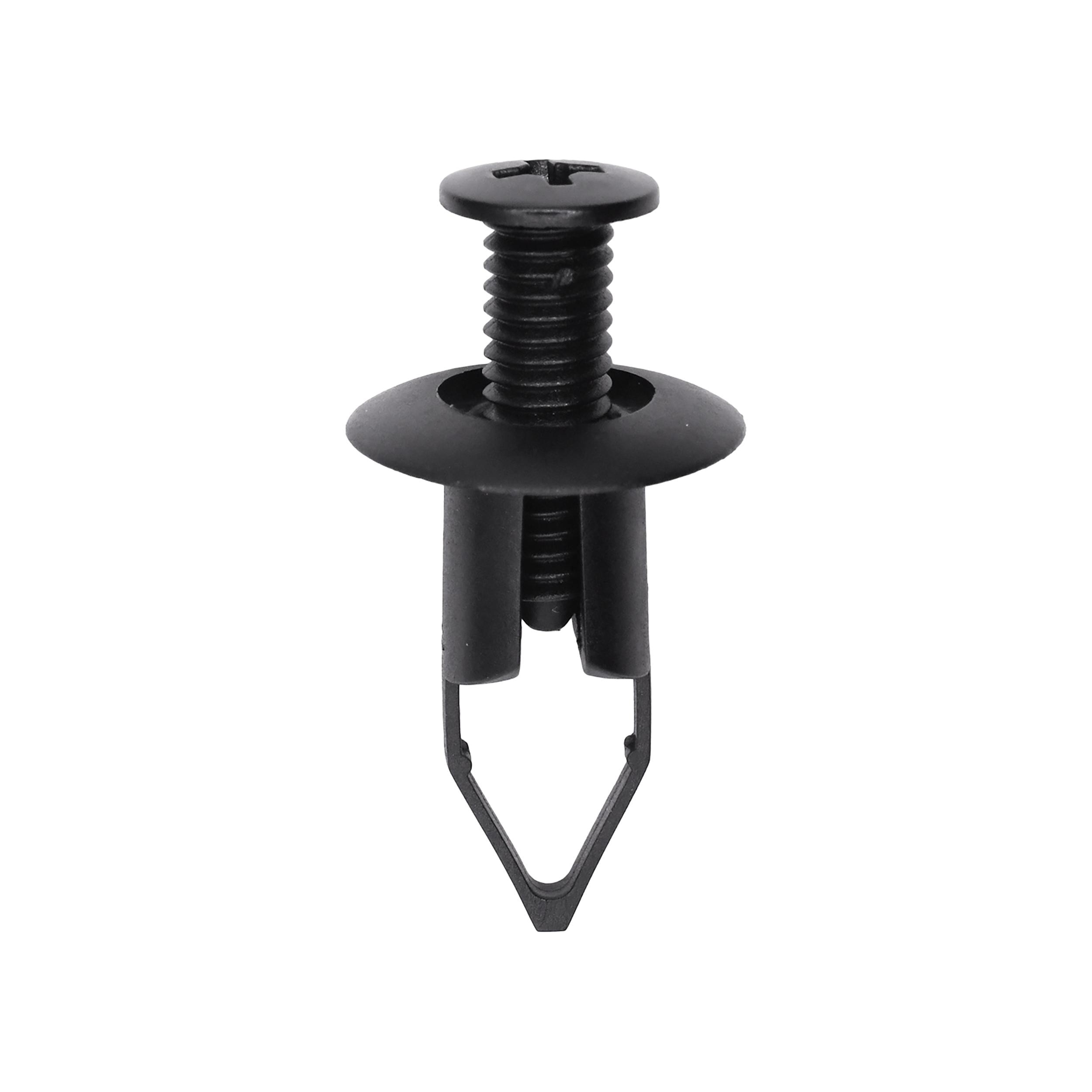 25 pcs/pk- 9mm Bumper Cover Retainer 23mm Stem Length, Drive Type Phillips, Head Diameter 18mm, Color Black, Type Screw-Type with Closed End