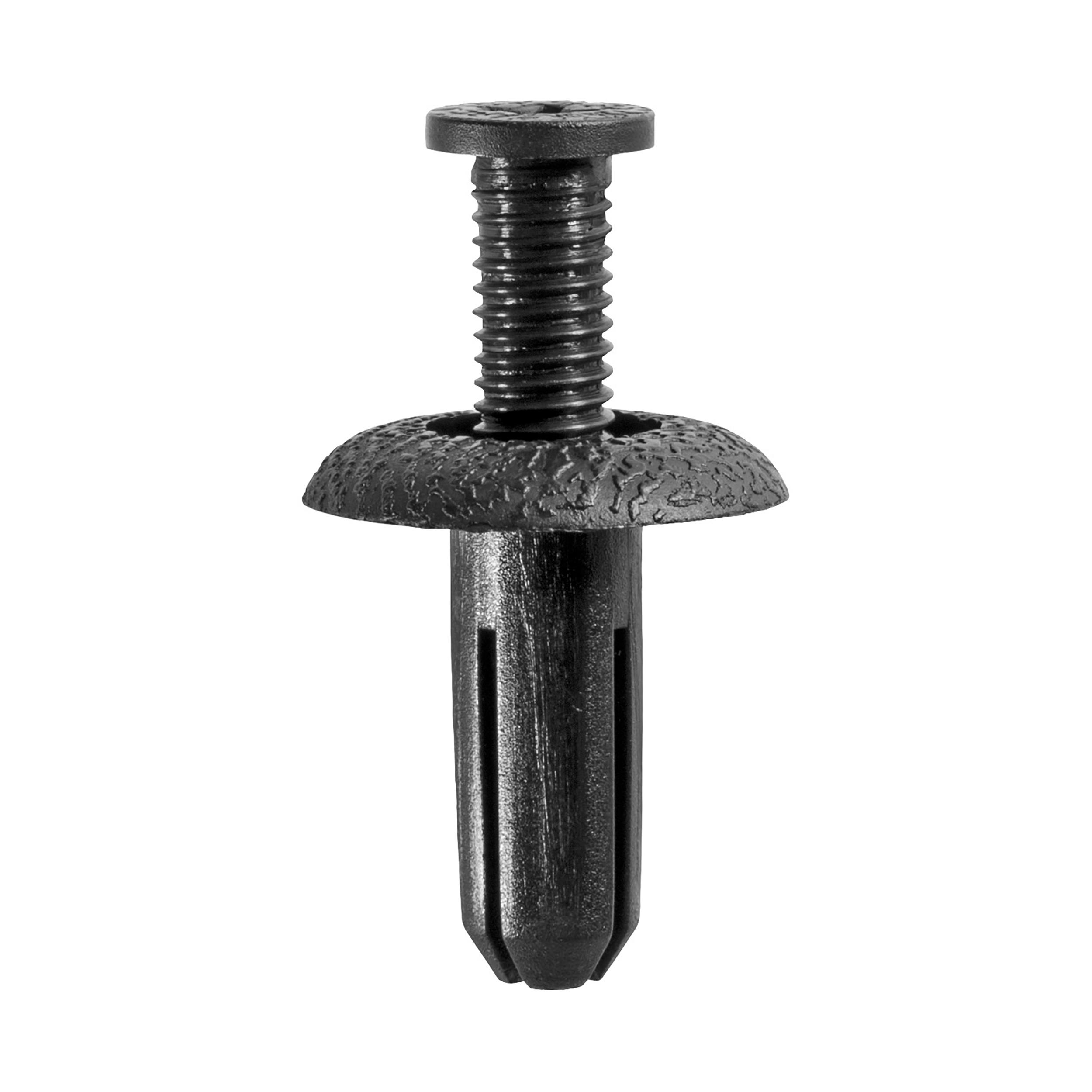 5 pcs/pk- 8mm Push-Type Retainer 20mm Head Diameter 21mm Stem Length, Drive Type Phillips, Color Black, Type Screw-Type with Open End