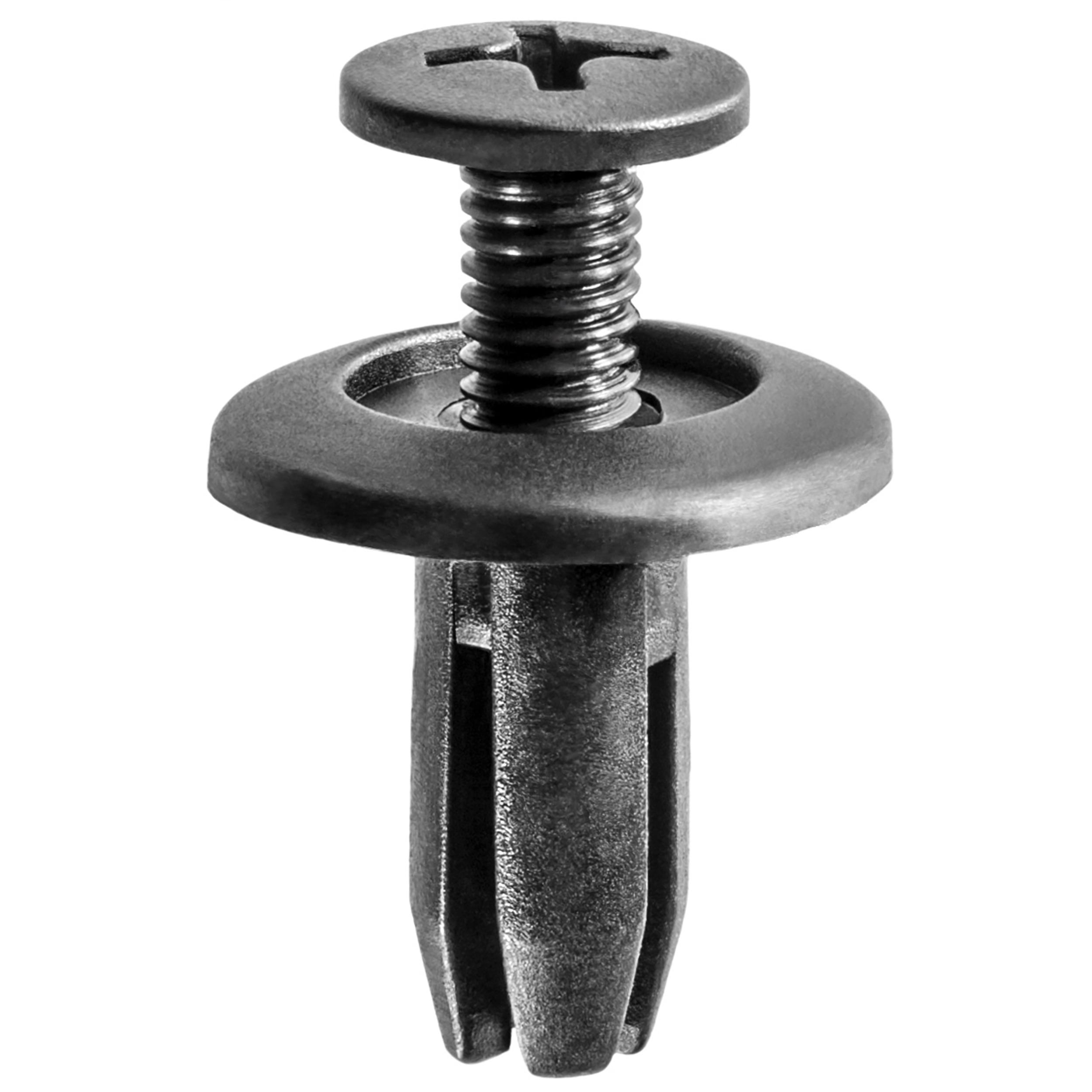 10 pcs/pk- Front Fender Retainer 17mm Head Diameter, Drive Type Phillips, Drive Size PH1, Rivet Length 13mm, Color Black, Type Screw-Type with Open End