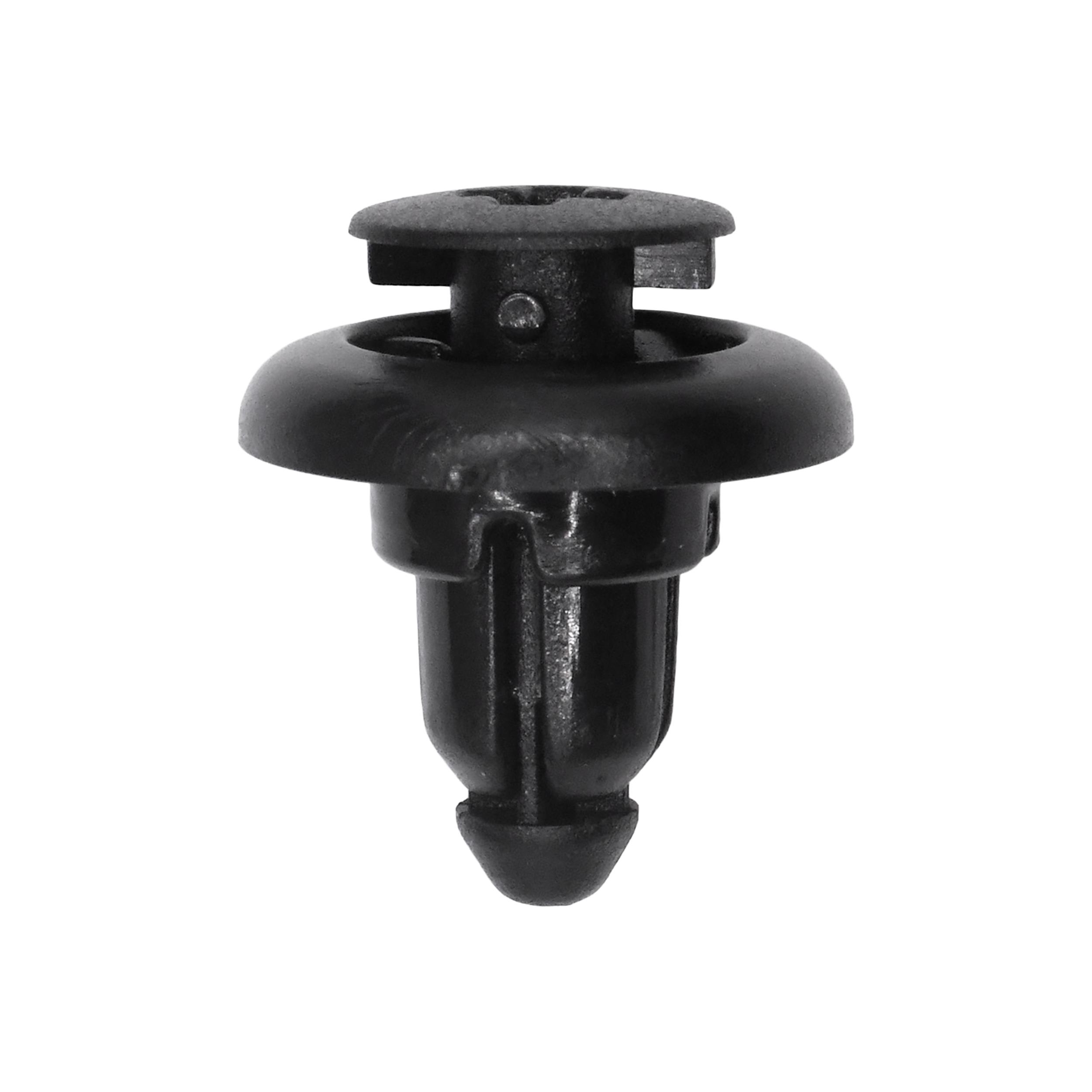 15 pcs/pk- 9mm Bumper Fascia Push-Type Retainer 16mm Head Diameter, Drive Type Phillips, Rivet Length 10mm, Color Black, Type Screw-Type with Open End