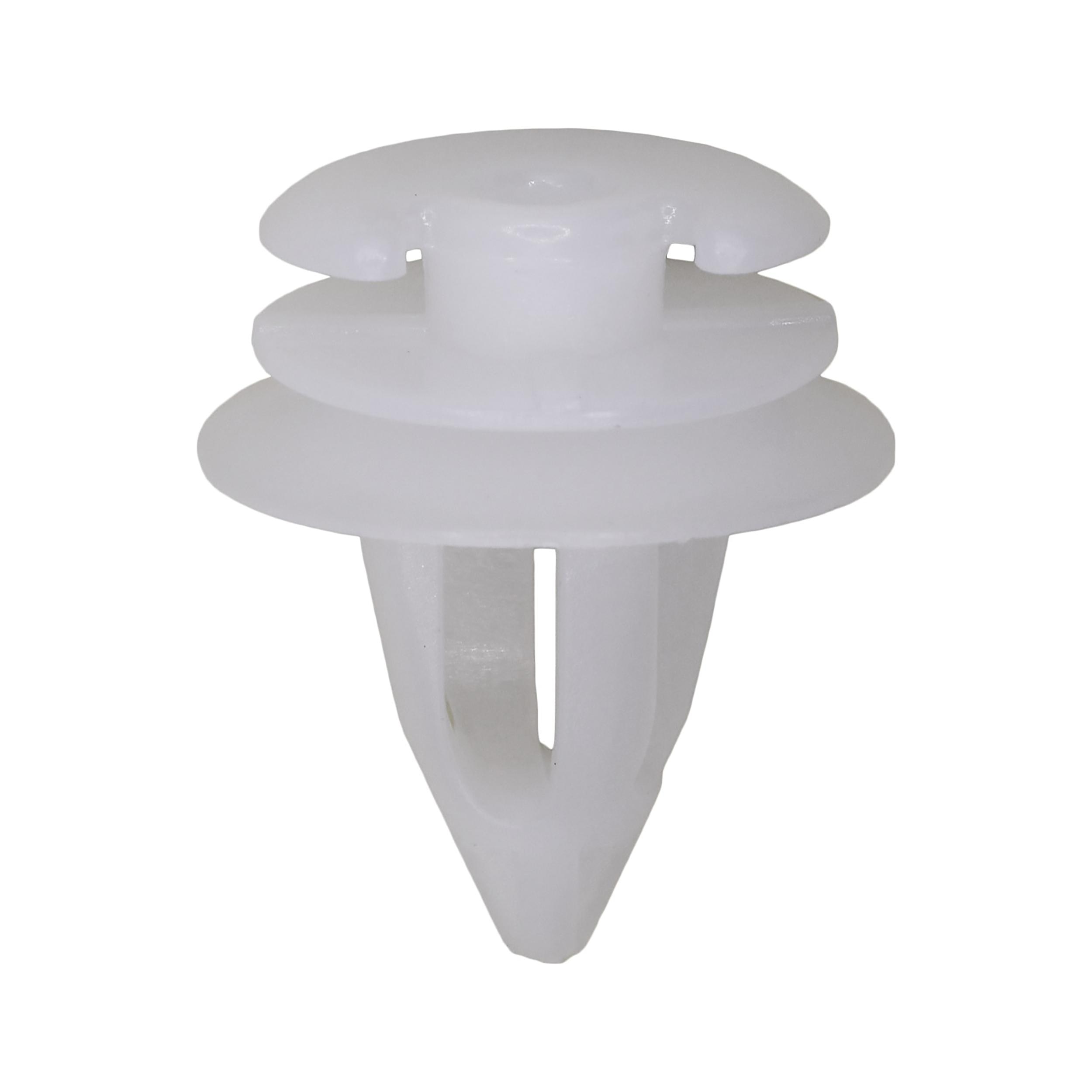 50 pcs/pk- Trim Panel Retainer 9mm Stem Diameter 15mm Stem Length, Material Nylon, Color White, Type Triple Head