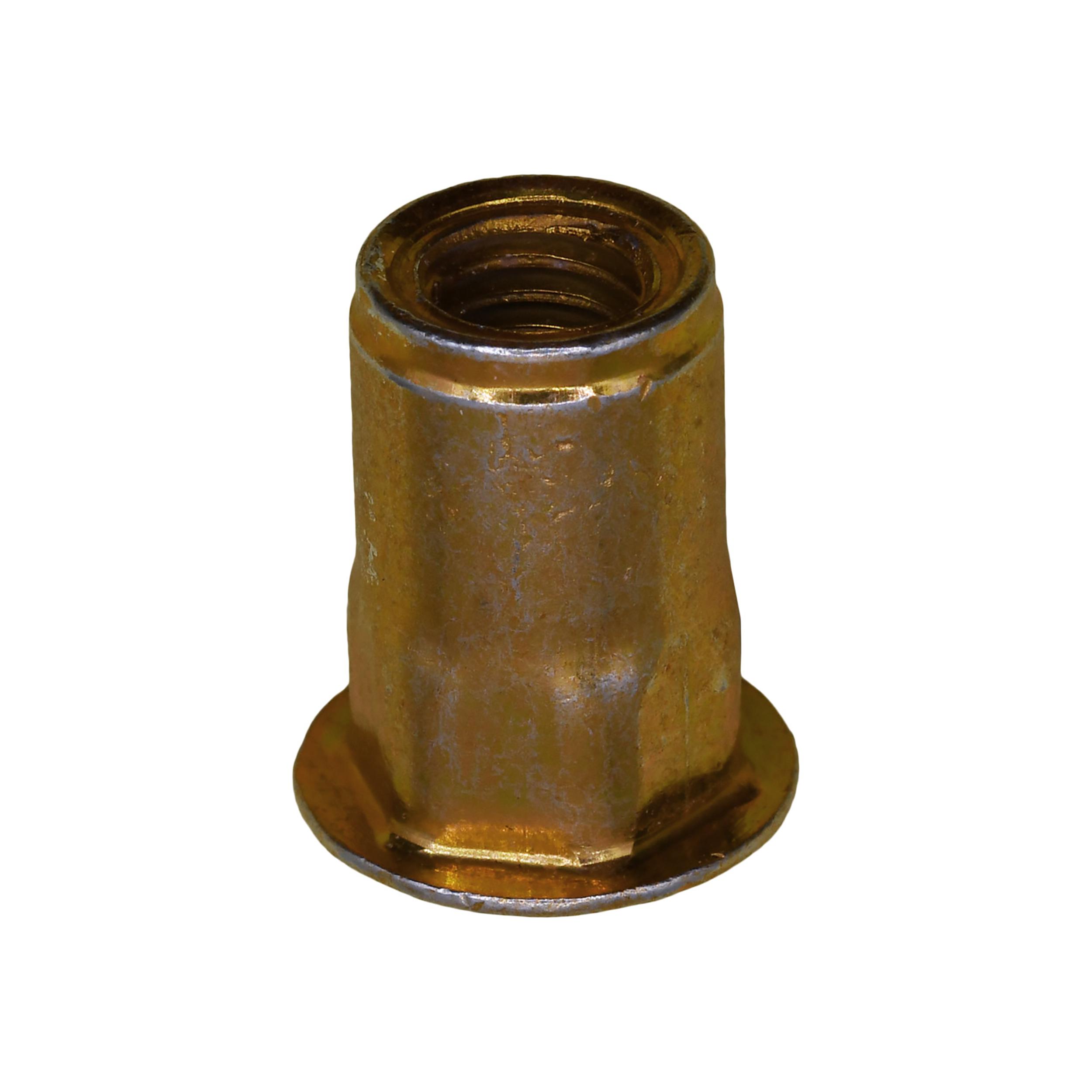 15 pcs/pk- Specialty Nutsert M6-1.07mm-4.2mm Grip, Head Diameter 13mm, Grip Range 0.7mm - 4.2mm, Material Metal, Finish Yellow Zinc Chromate