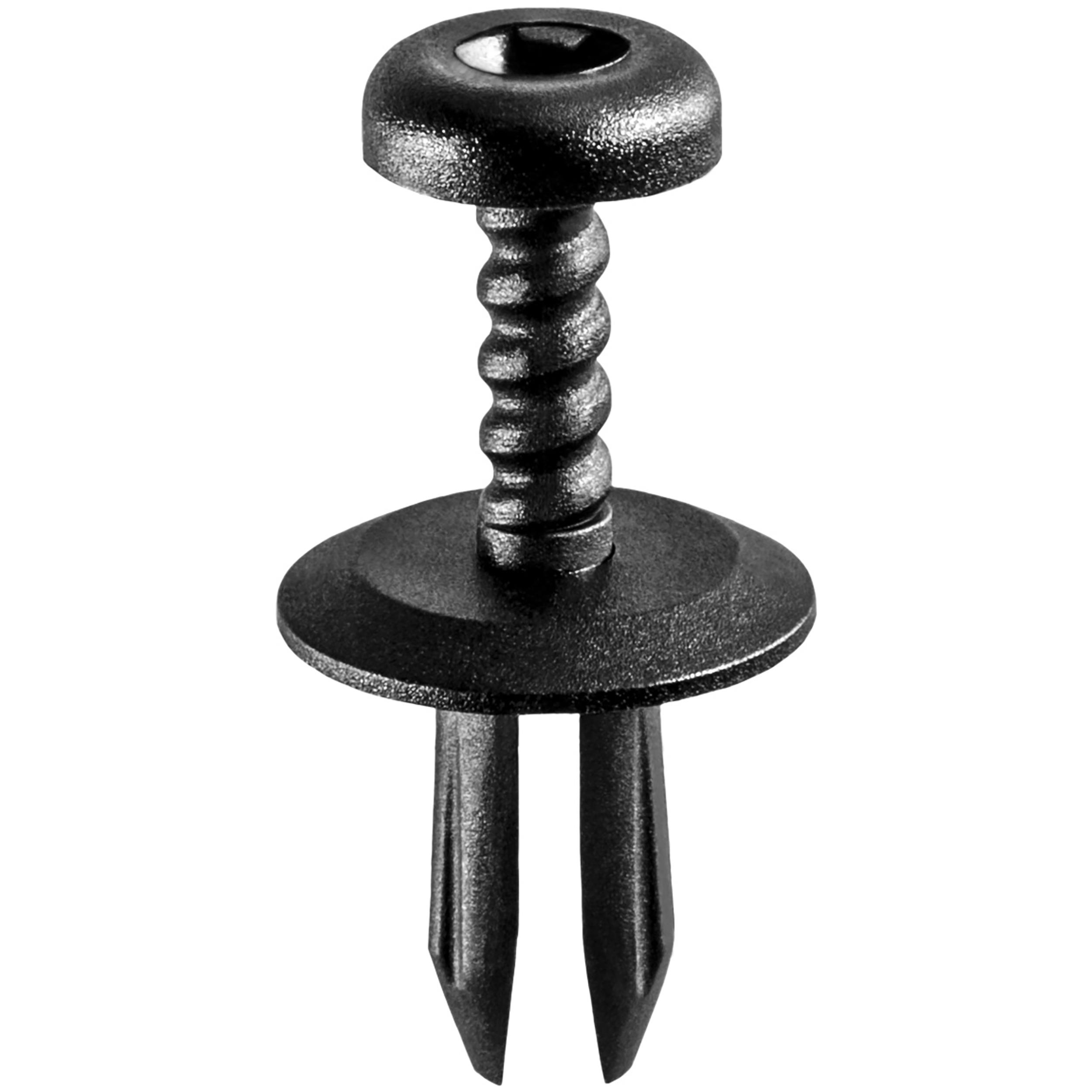 25 pcs/pk- 5mm Push Type Retainer 11mm Stem Length, Drive Type Phillips, Head Diameter 12mm, Color Black, Type Screw-Type with Open End