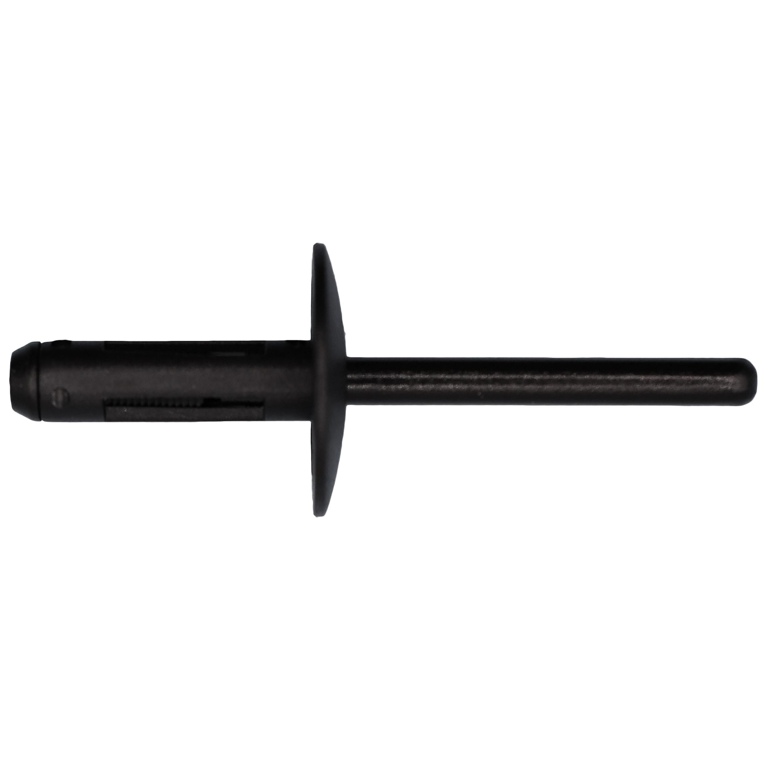25 pcs/pk- Nylon Blind Rivet, Overall Length 53mm, Head Style Flush Beveled Dome, Grip Range 2.5mm - 4.8mm, Flange Diameter 20mm, Color Black