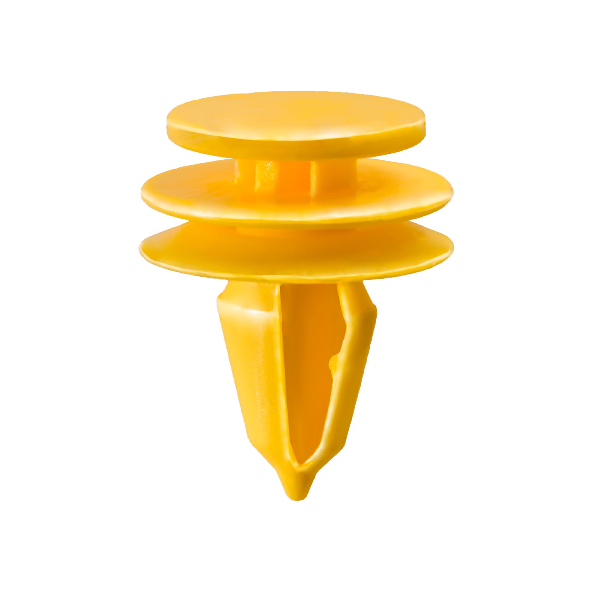 50 pcs/pk- Jeep, Trim Panel Retainer, Overall Length 23mm, Rivet Length 15mm, Material Nylon, Color Yellow