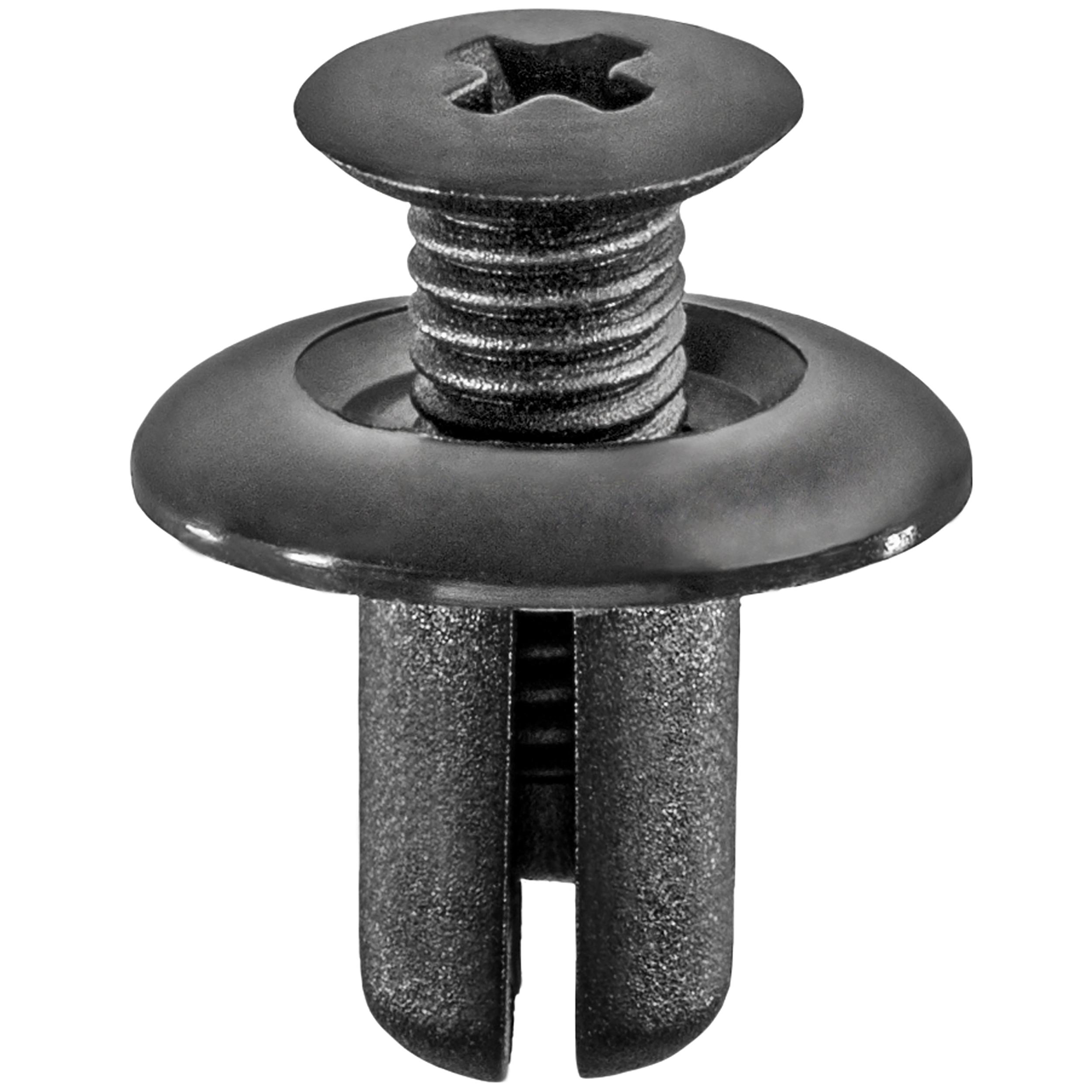 15 pcs/pk- Push-Type Retainer Black Nylon, Overall Length 8mm, Drive Type Phillips, Head Diameter 18mm, Rivet Length 12mm, Type Screw-Type with Open End