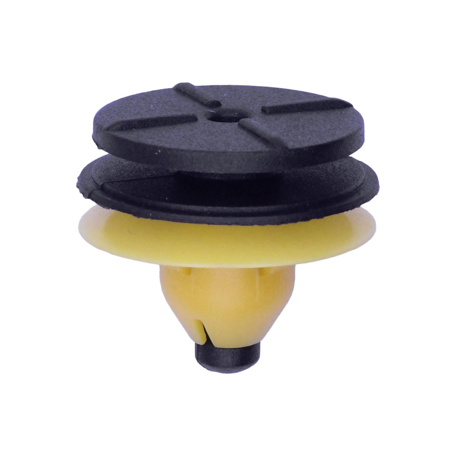 25 pcs/pk- 8mm Exterior Moulding Clip, Black And Yellow Nylon, Rivet Length 9mm, Color Black & Yellow, Type Molding Retainer