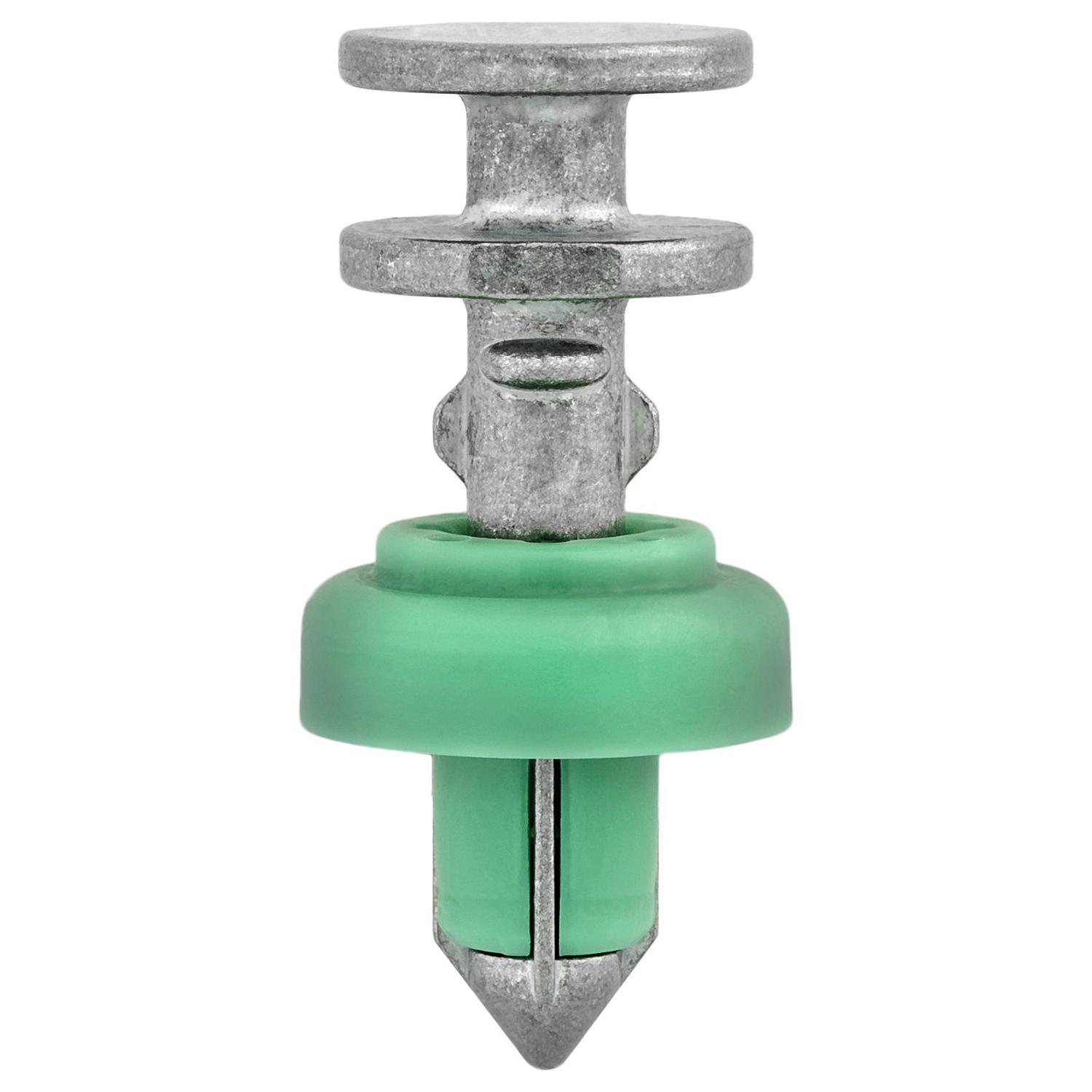 5 pcs/pk- 9mm Metal and Green Interior Trim Retainer, Overall Length 38mm, Head Diameter 18mm, Rivet Length 13mm, Material Metal & Nylon, Color Silver & Green