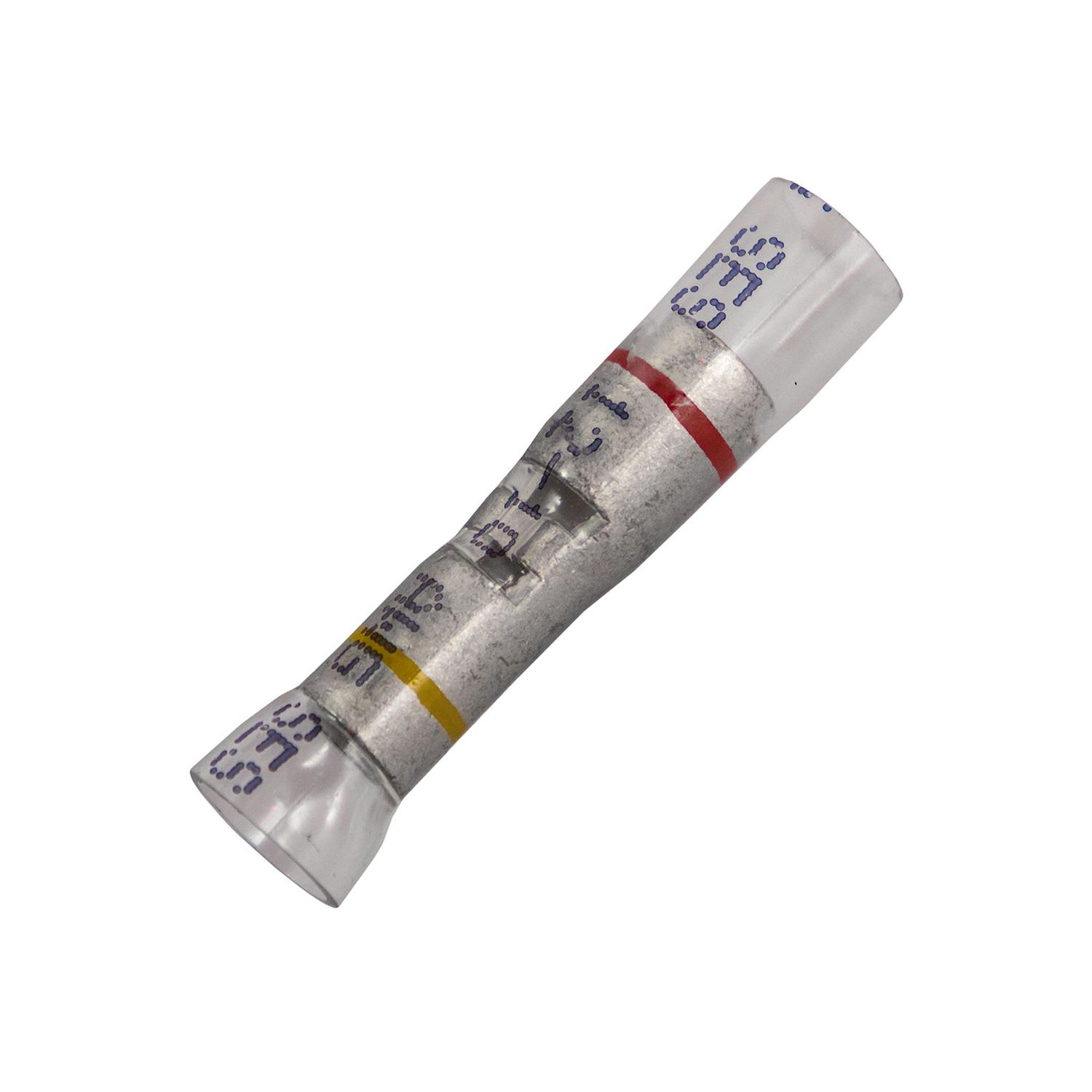 15 pcs/pk- Crystal Clear Stepdown Butt Connector - 500, 12-10 Awg To 8 Awg, Color Clear with Yellow & Red Stripe, Type Step-Down Butt Connector, Wire Gauge 12 to 10 to 8 Step Down