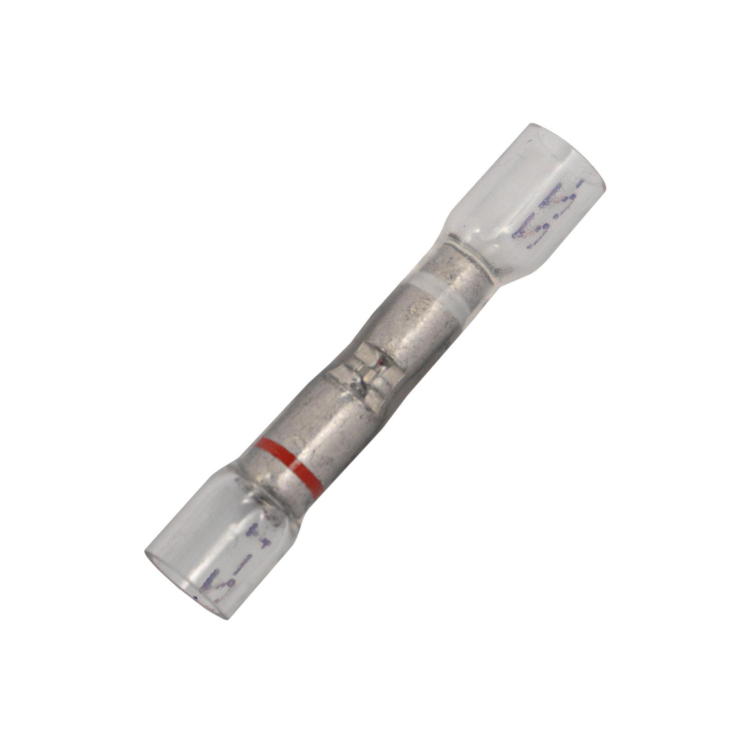 15 pcs/pk- Crystal Clear Stepdown Butt Connector - 500, 24-22 Awg To 22-18 Awg, Color Clear with White & Red Stripe, Type Step-Down Butt Connector, Wire Gauge 24-22 to 22-18