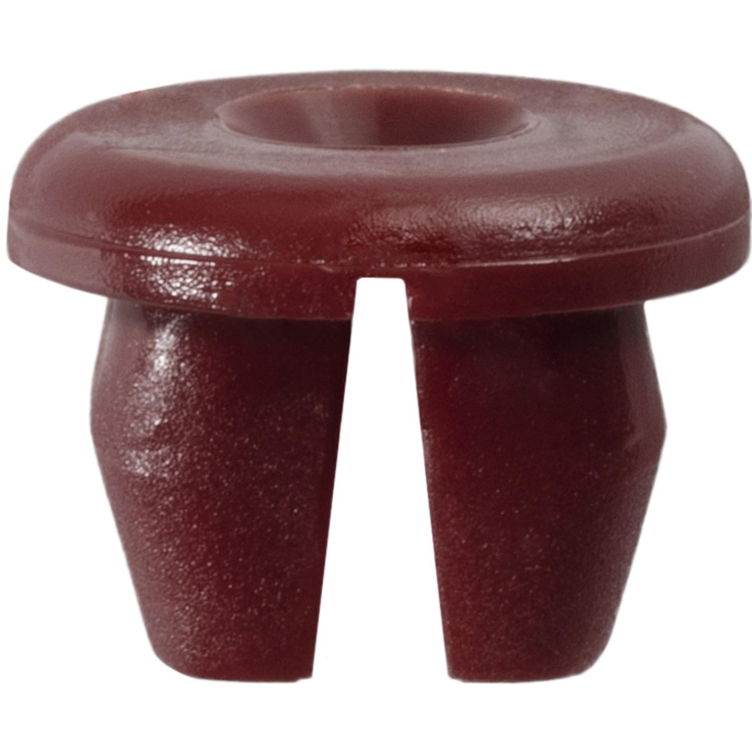 25 pcs/pk- M4.2 (#8) Front Bumper Screw Grommet, Overall Length 10mm, Head Style Round, Rivet Length 7mm, Hole Size 9.5mm Square, Panel Range 0.7mm - 2.5mm, Material Nylon, Color Red