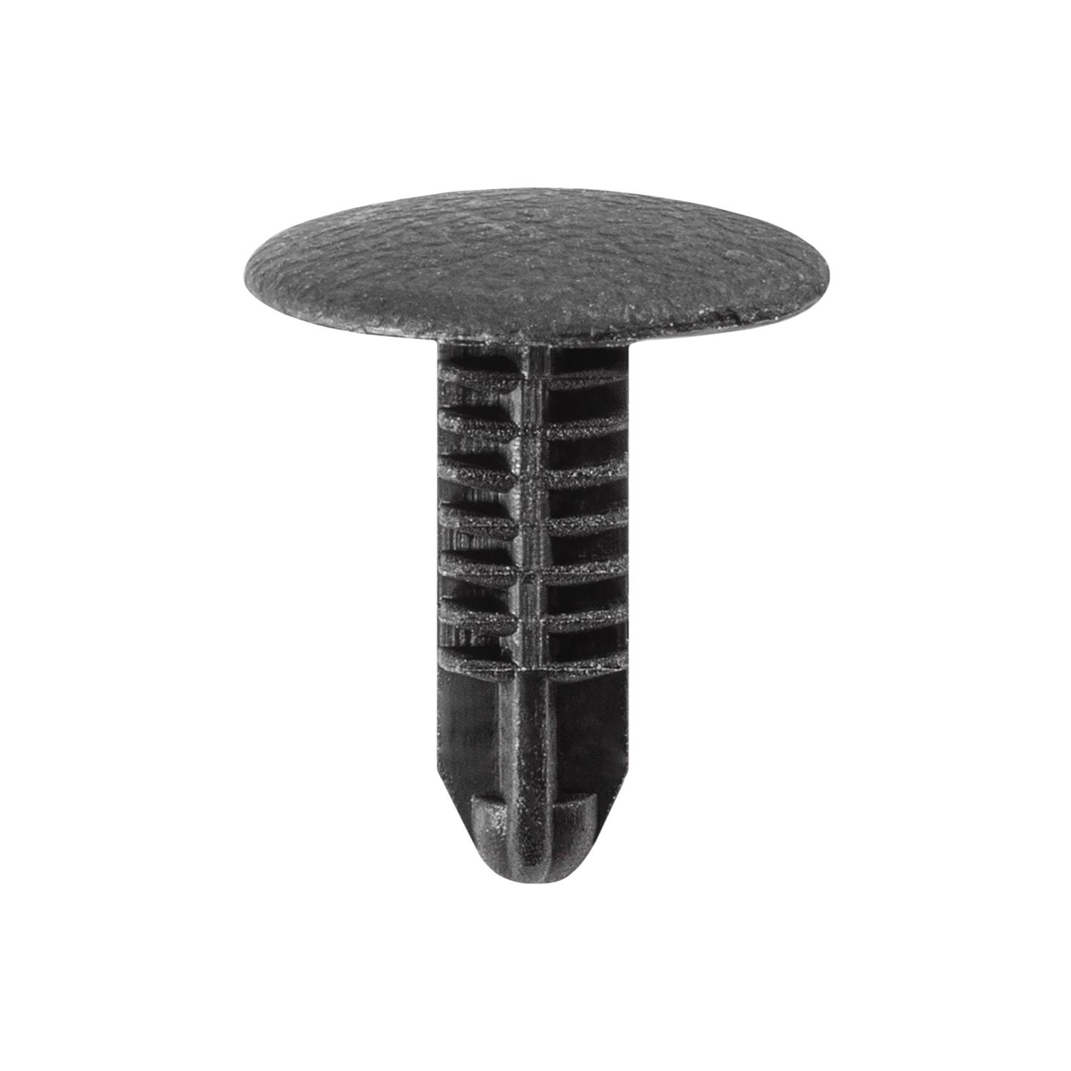 25 pcs/pk- 5mm Geo Cowl Vent Retainer, Overall Length 16.5mm, Head Style Textured, Rivet Length 14.5mm, Panel Range 2.0mm - 8.5mm, Material Nylon, Color Black, Type Single Head