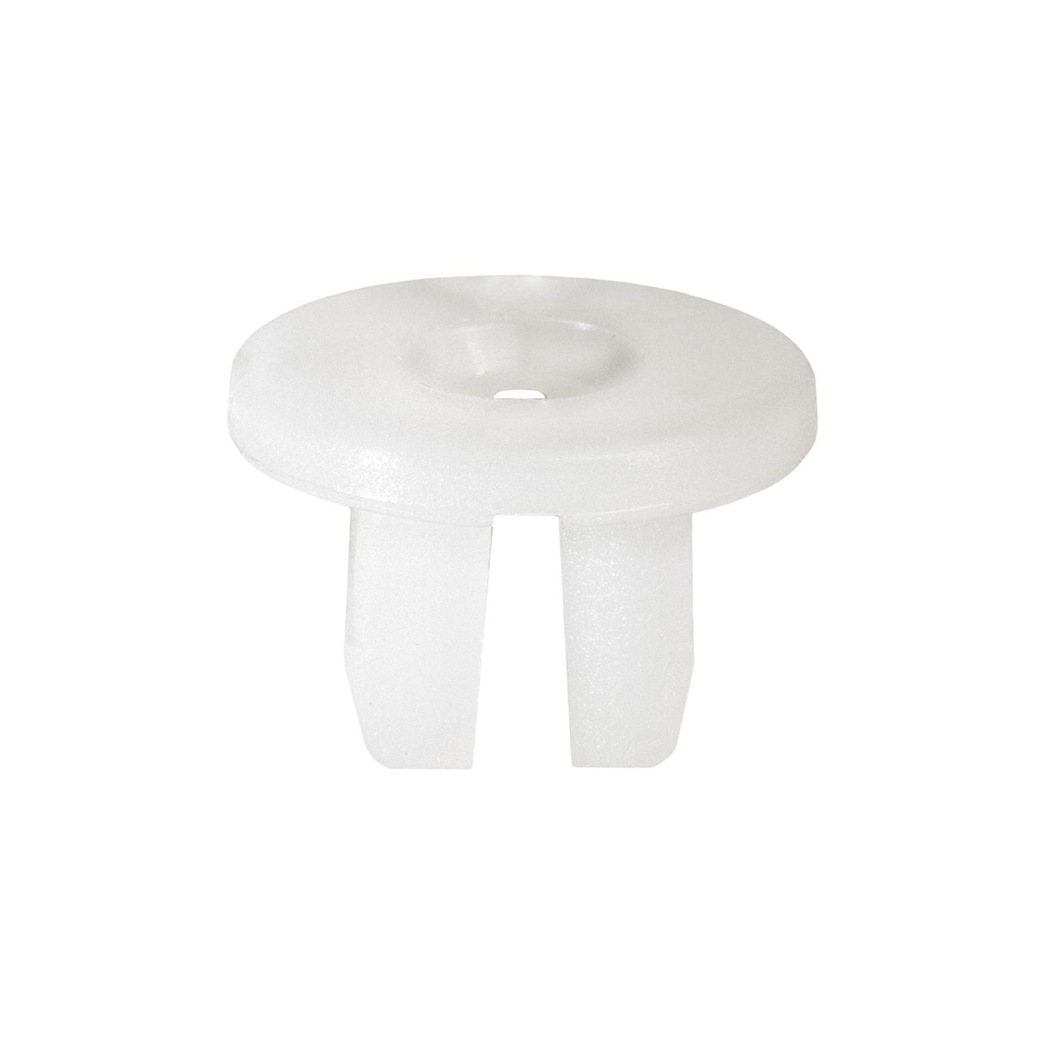 25 pcs/pk- M4.8 (#10) Interior Trim Screw Grommet, Overall Length 10mm, Head Style Round, Rivet Length 8mm, Hole Size 8.5mm, Panel Range 4.3mm, Material Nylon, Color White