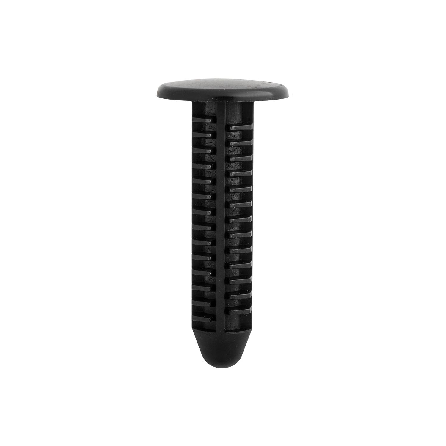25 pcs/pk- 7mm Headlight Trim Retainer, Overall Length 31.5mm, Head Diameter 14mm, Rivet Length 30mm, Panel Range 2mm - 21mm, Material Nylon, Color Black, Type Single Head
