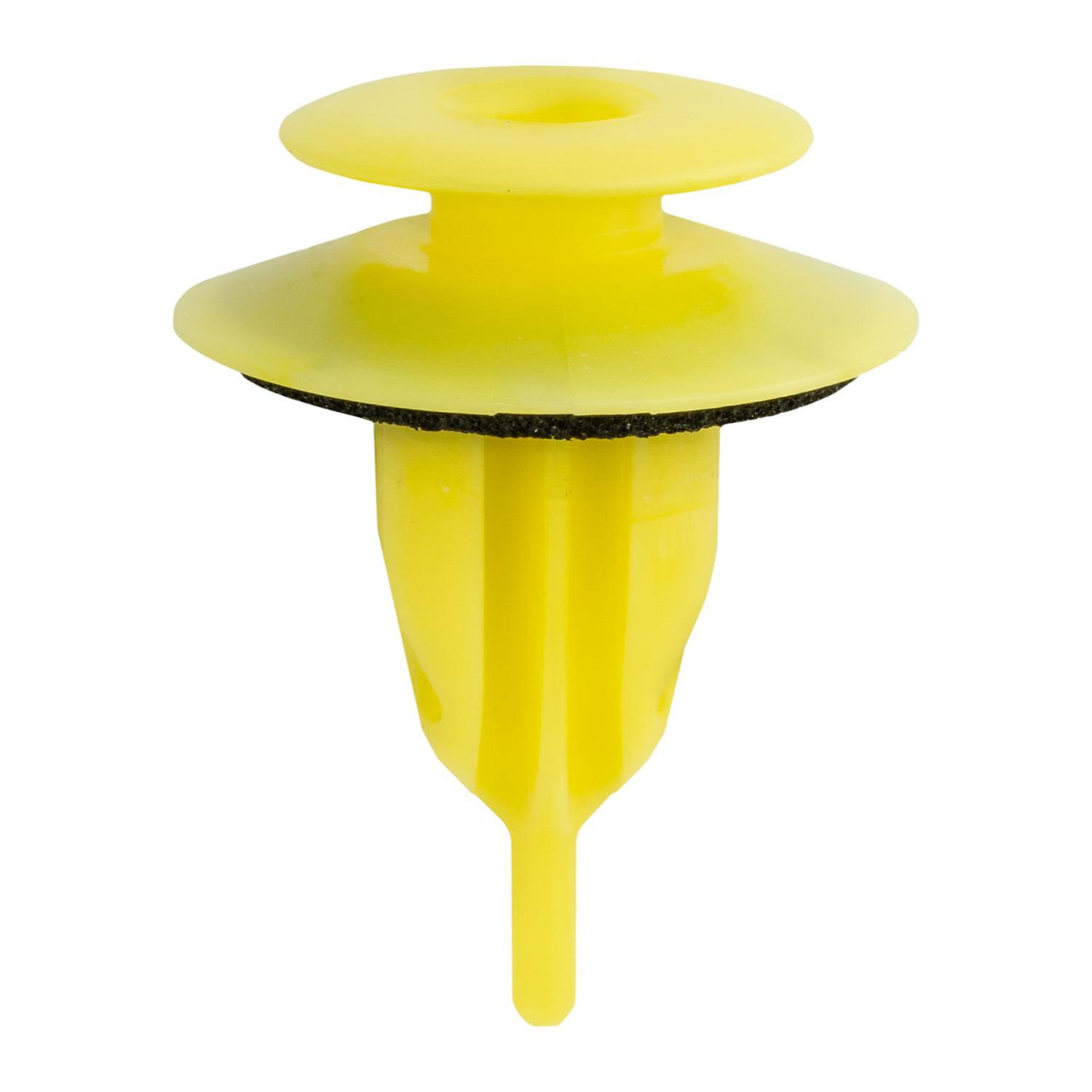 25 pcs/pk- Rocker Moulding Retainer, Overall Length 23.5mm, Rivet Length 19mm, Material Nylon, Color Yellow, Type Molding Retainer