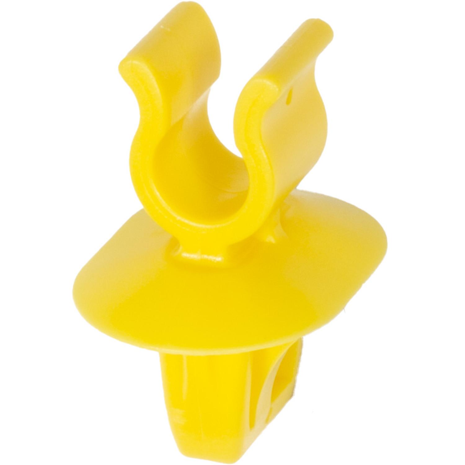 25 pcs/pk- Hood Prop Rod Clip, Overall Height 29mm, Rivet Length 13.5mm, Fits Hole Size 9.5mm, Material Nylon, Color Yellow