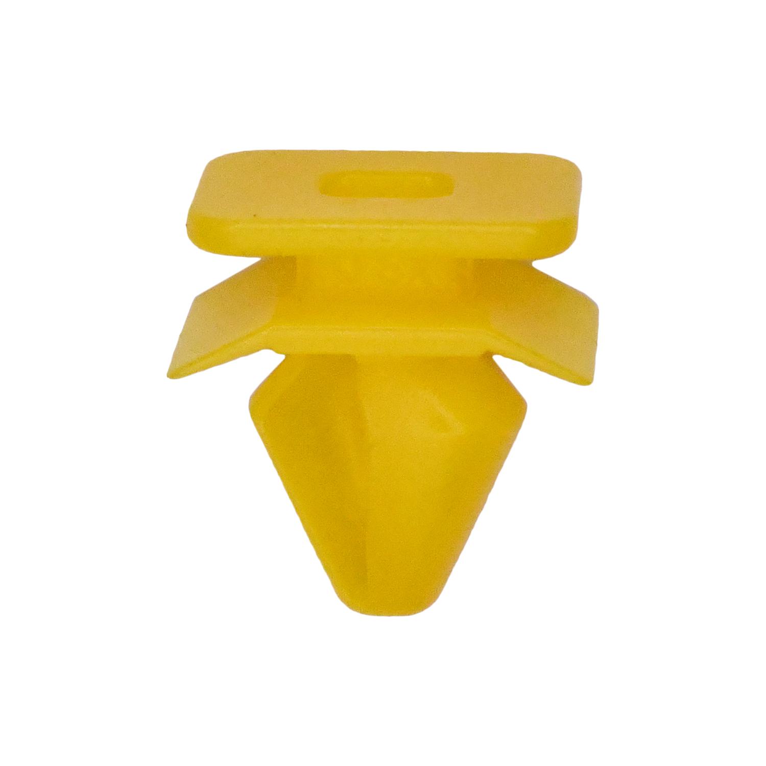 25 pcs/pk- Fender Flare and Rocker Moulding Clip, Overall Height 15mm, Rivet Length 10.5mm, Fits Hole Size 6mm, Material Nylon, Color Yellow