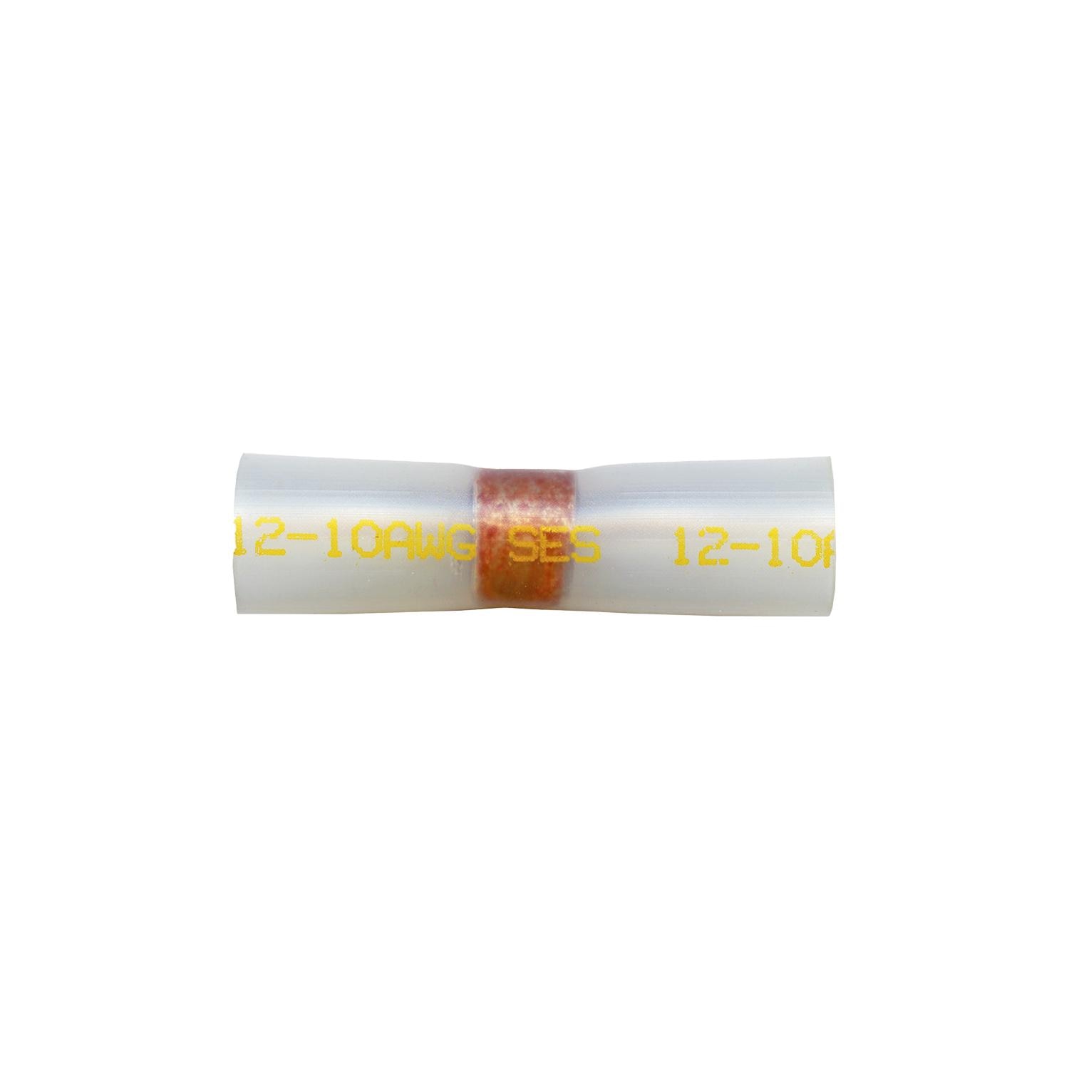 15 pcs/pk- Heat Shrink and Solder Butt Conn. - 12-10 AWG - Clear w/ Yellow Print, Color Clear with Yellow Print, Type Butt Connector