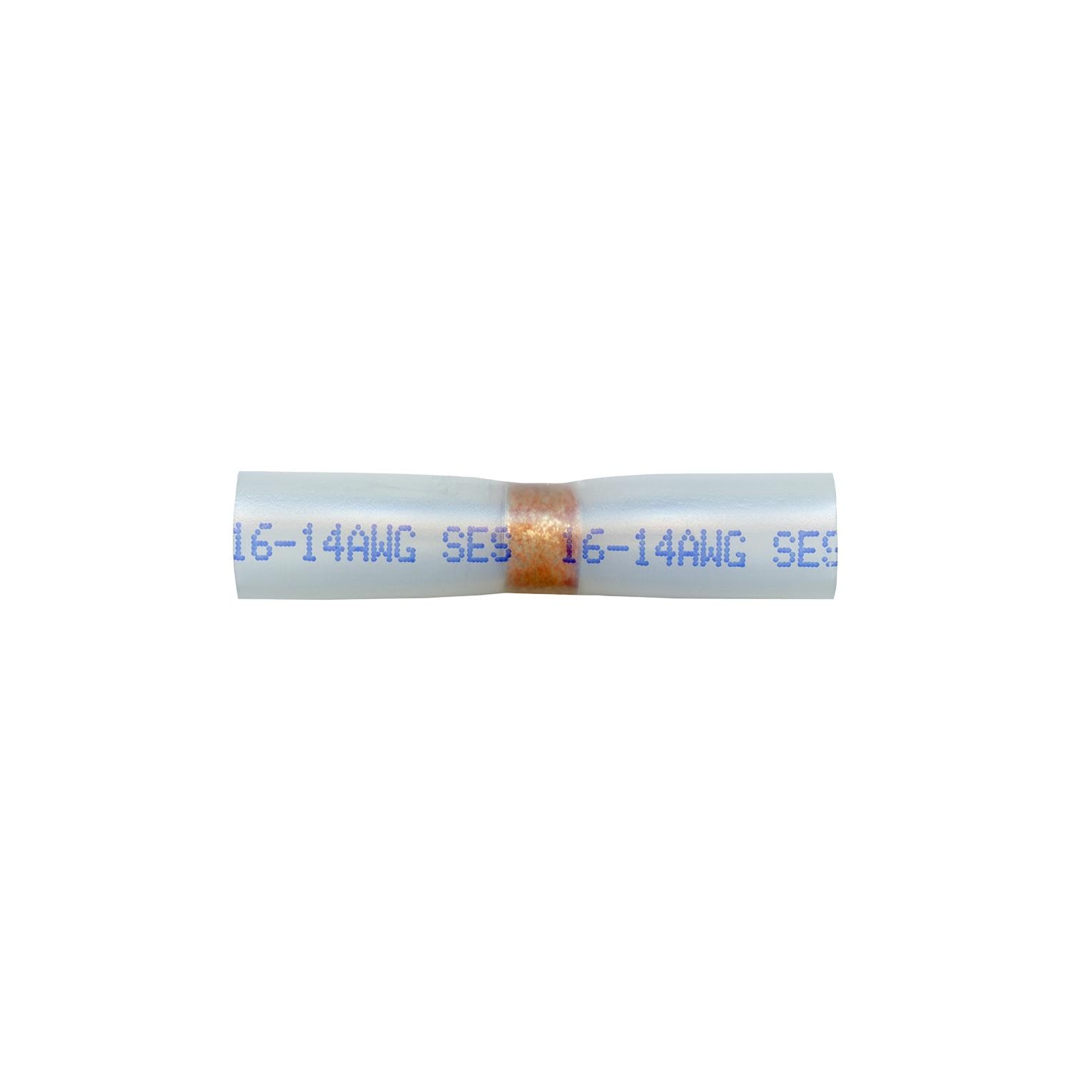 15 pcs/pk- Heat Shrink and Solder Butt Conn. - 16-14 AWG - Clear w/ Blue Print, Color Clear with Blue Print, Type Butt Connector