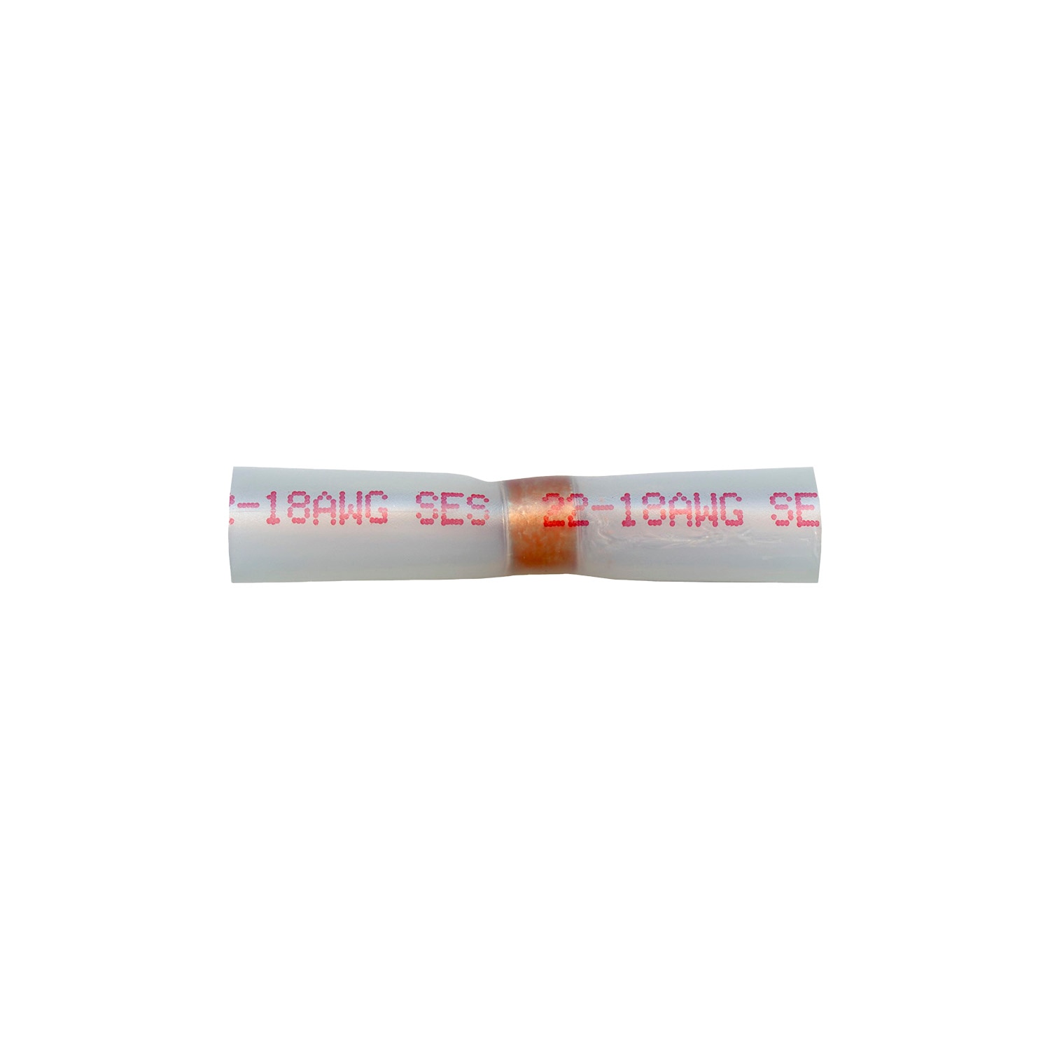 15 pcs/pk- Heat Shrink and Solder Butt Conn. - 22-18 AWG - Clear w/ Red Print, Color Clear with Red Print, Type Butt Connector