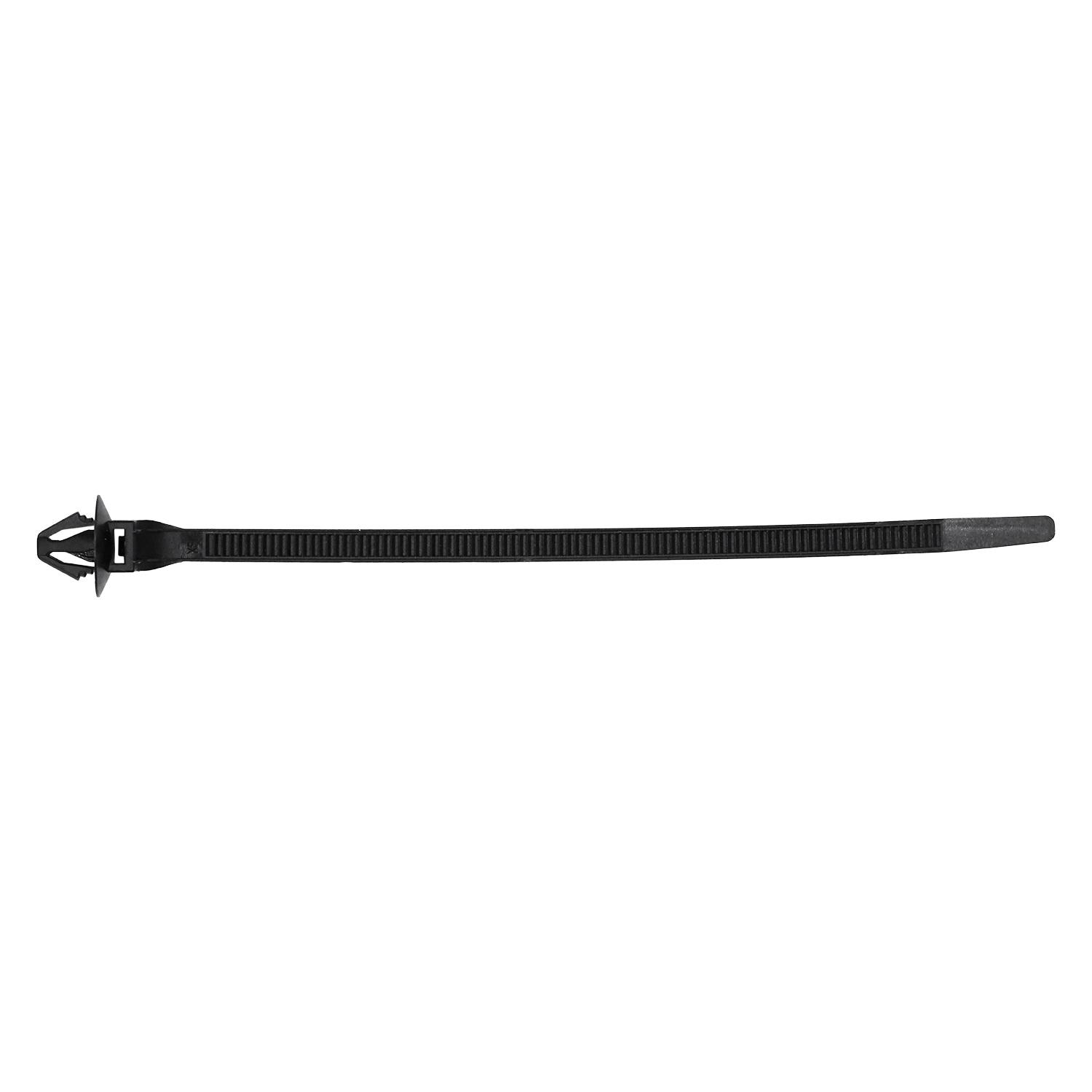 25 pcs/pk- 7mm Zip Tie w/Clip, Length 157mm, Width 5mm, Flange Diameter 16mm, Panel Range 1.5mm, Material Nylon, Color Black