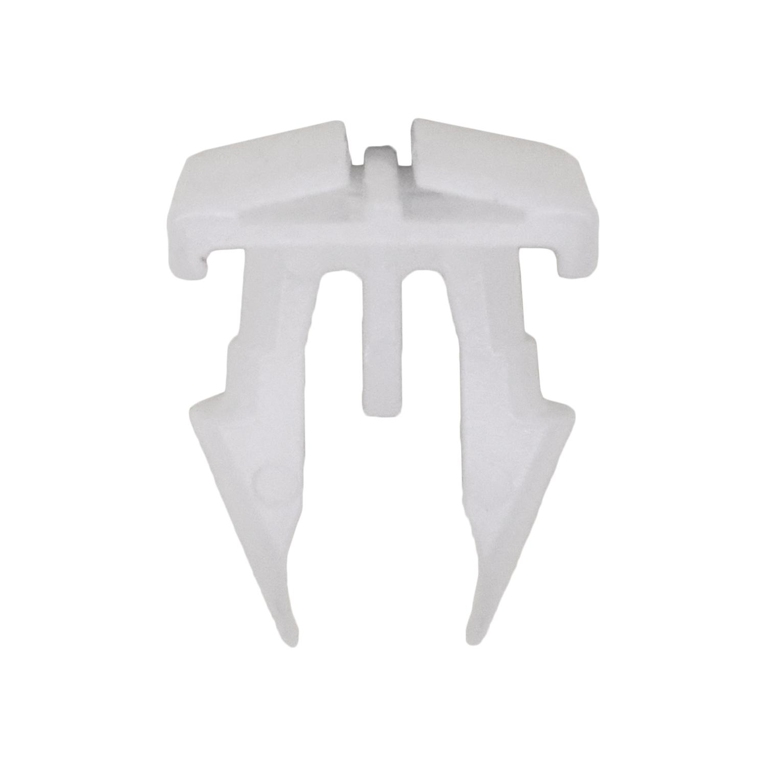25 pcs/pk- 8mm Moulding Clip, Overall Length 14mm, Grip Range 5mm, Rivet Length 12mm, Material Nylon, Color White